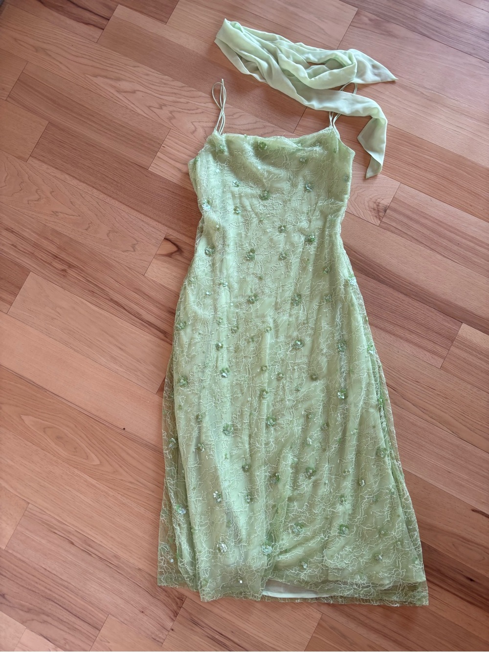 BHLDN Light Green Embroidered Midi Dress with Scarf